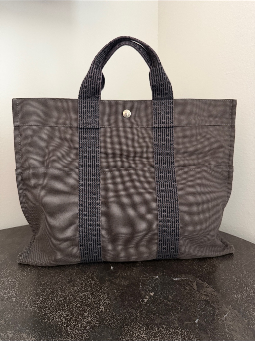 Hermes Grey Canvas Tote with Logo Black and Grey Trim - Authentic Pre-Loved